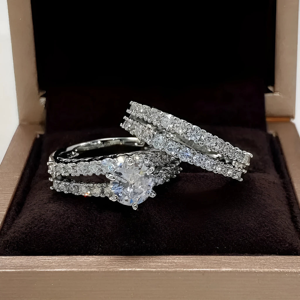 2 in 1 female fashion ring set with diamond treatment in silver, gold, and rose gold finishes