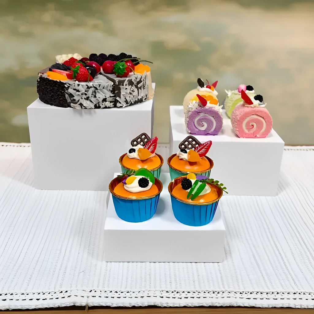 White Suit Cube plastic dessert display stand with multiple tiers for cake shop presentation