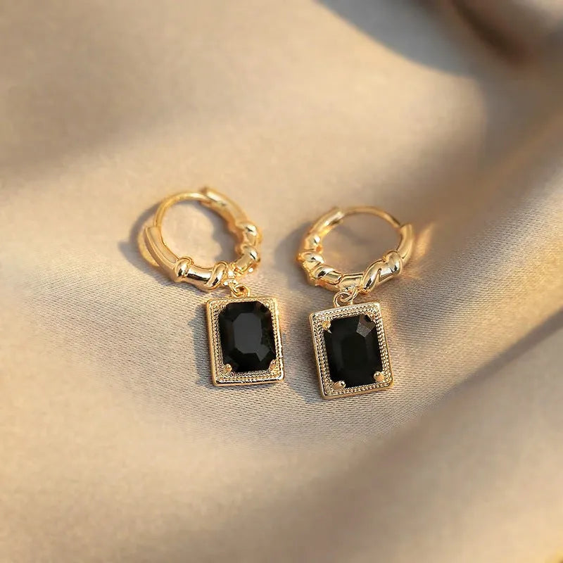 French court retro black zircon earrings with geometric quadrilateral copper construction