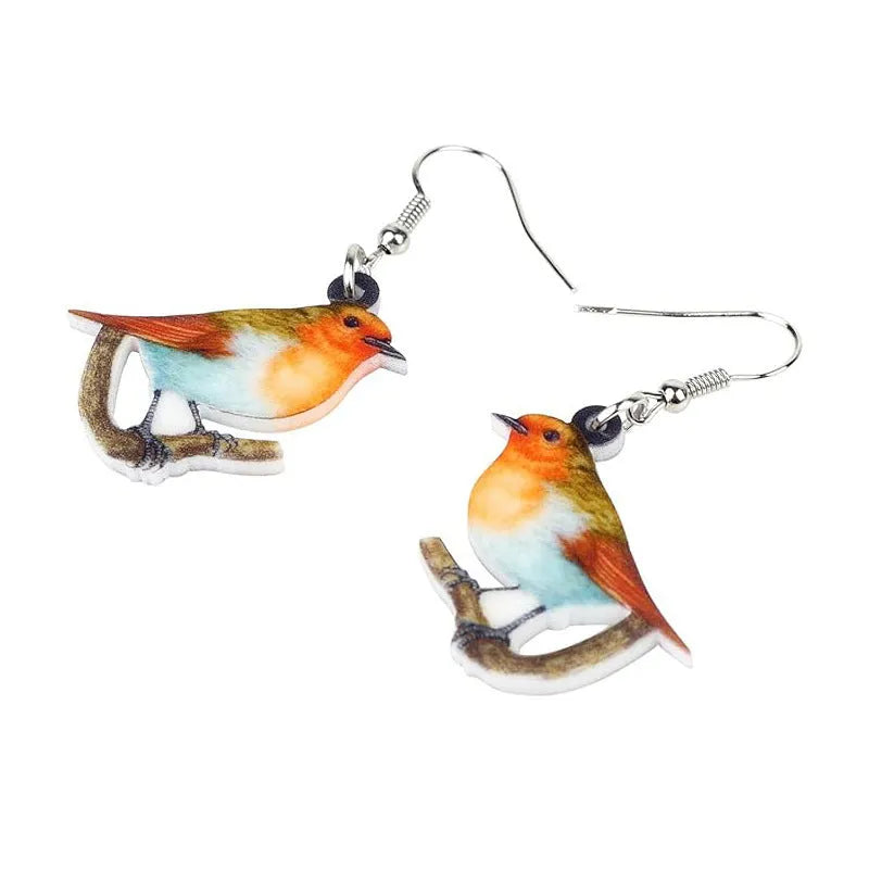 Blue titmouse bird acrylic pendant earrings with geometric animal zodiac design