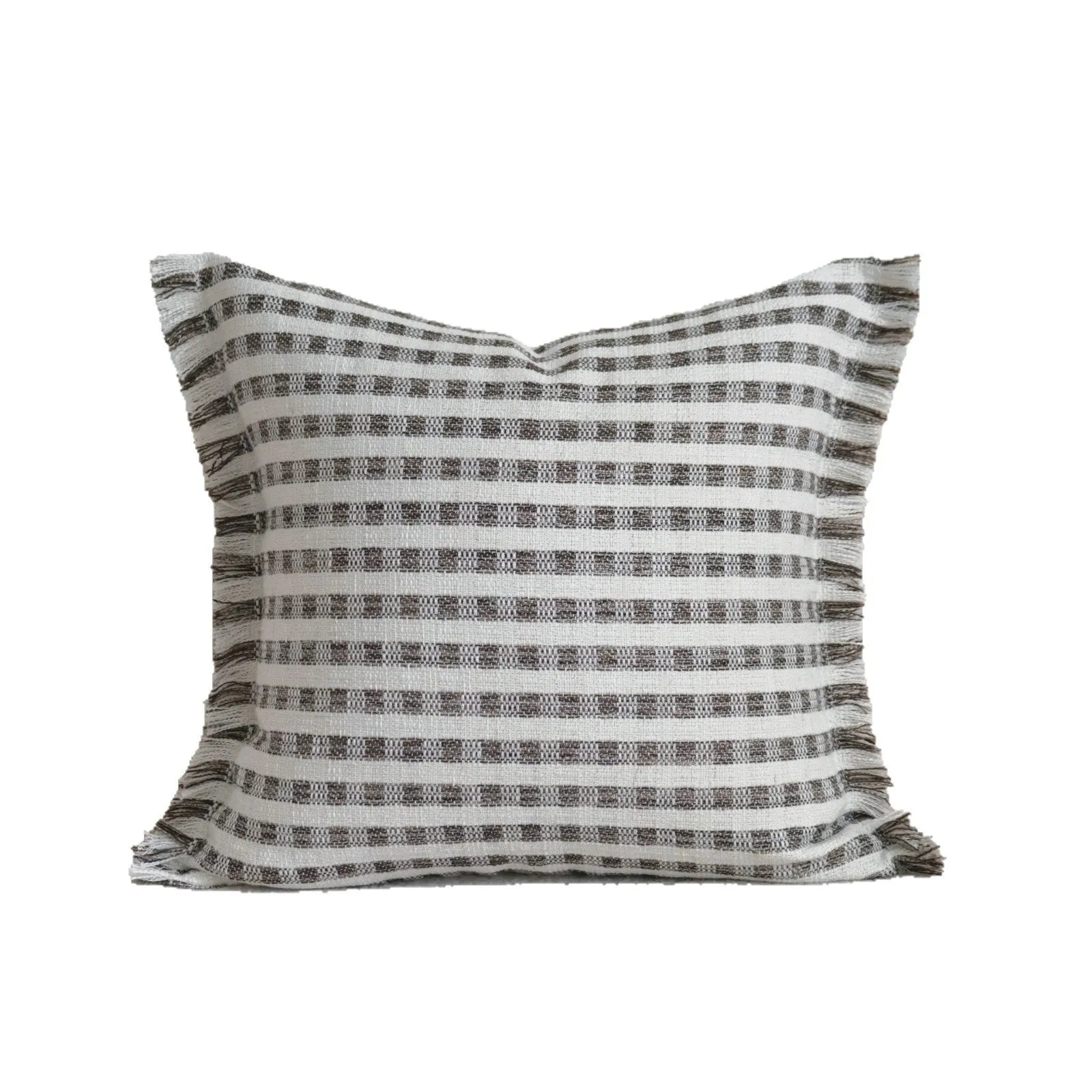 Coffee brown striped mid-century modern cushion with Chinese classical design on sofa