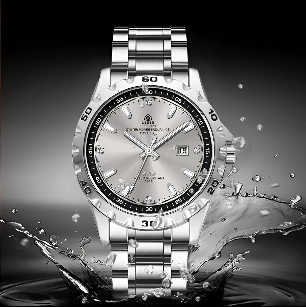 Men's silver business watch with stainless steel strap and sapphire crystal glass