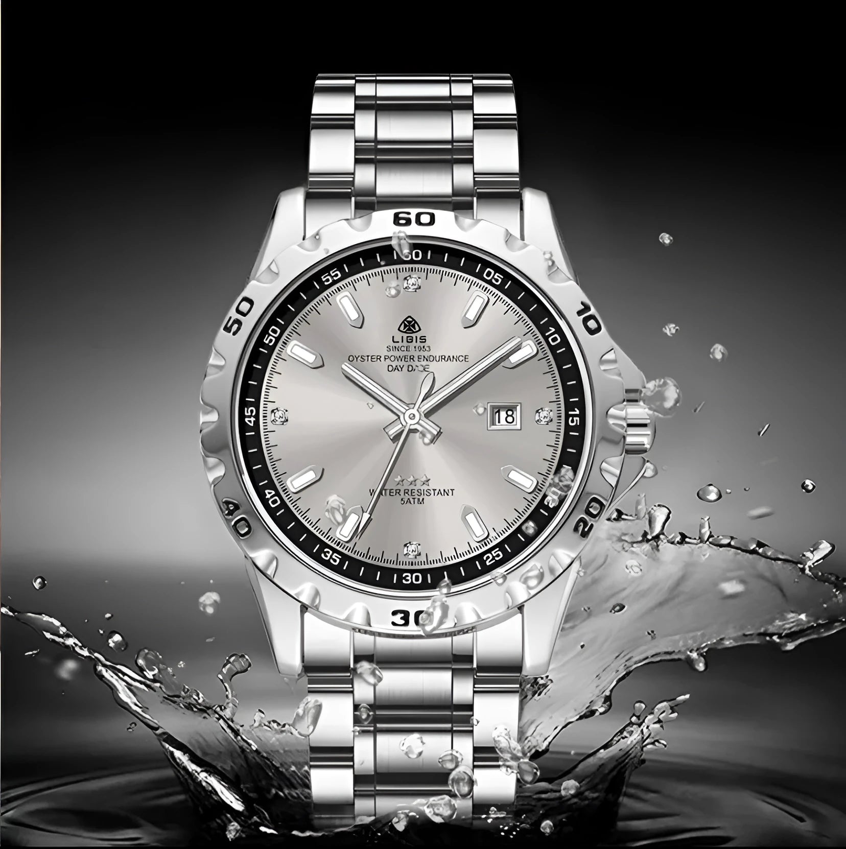 Men's silver business watch with stainless steel strap and sapphire crystal glass