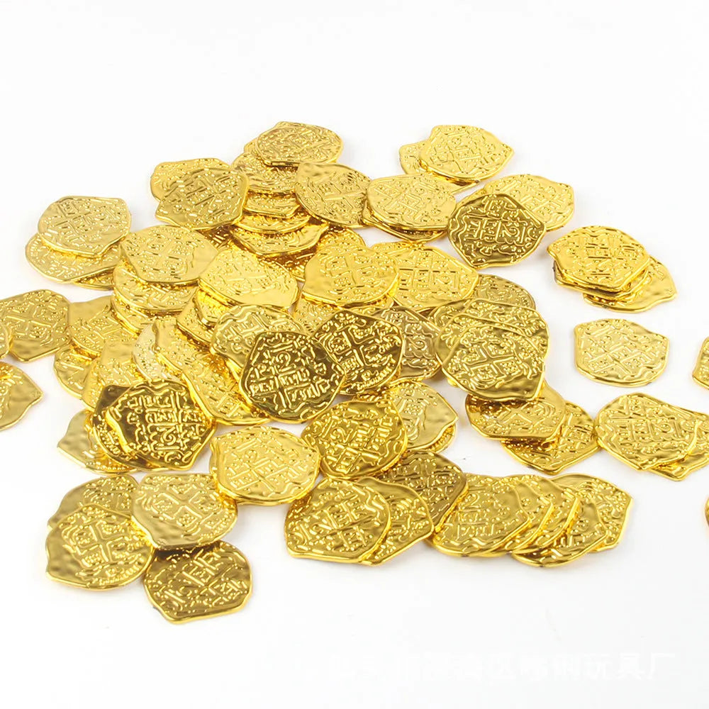 Set of 100 plastic replica Roman coins in antique gold, silver, or bronze electroplated finish for pirate treasure props