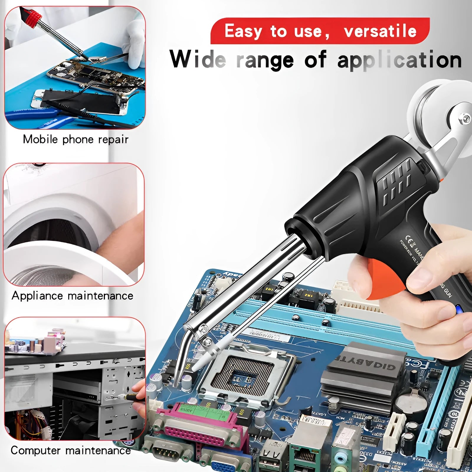 G102 soldering gun kit with light, black alloy construction, 5-piece set for electronic repair work