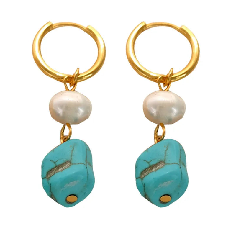 A pair of geometric copper ear clips with irregular turquoise cultured pearls, shown in short and long style options.