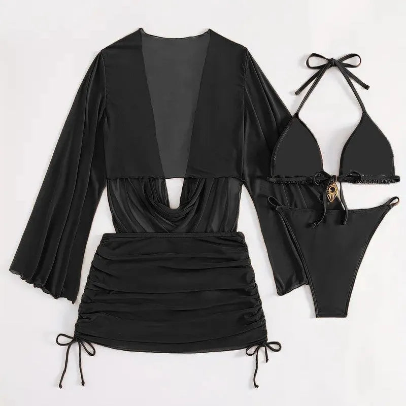 Dark brown women's lace-up bikini swimsuit set on a mannequin, showing backless design.