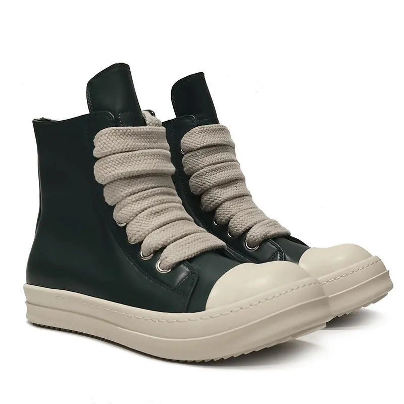 Black high-top leather sneakers with side zipper and round toe on a white background
