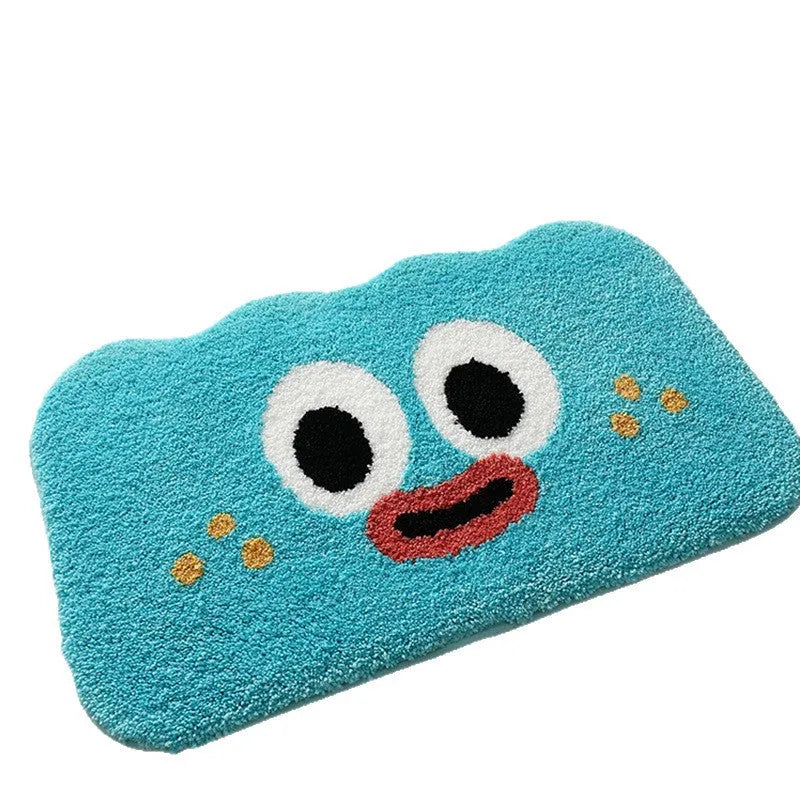 Colourful cartoon anime character design printed on a rectangular polyester bathroom mat.