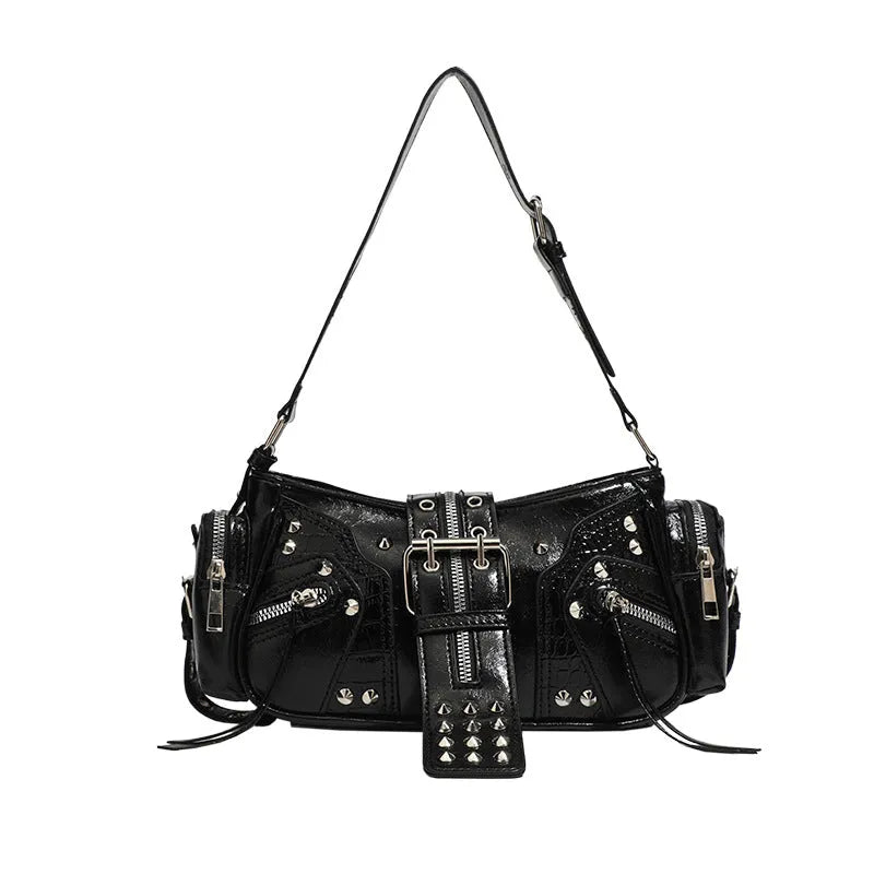 Black retro PU leather dumpling handbag with oil wax finish and three-dimensional pocket
