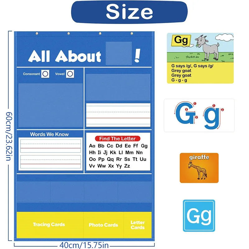 Alphabet learning chart sleeve table with word cards, letter cards, and picture cards for home education.