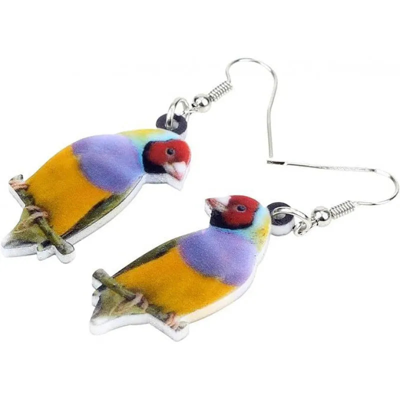 Blue titmouse bird acrylic pendant earrings with geometric animal zodiac design