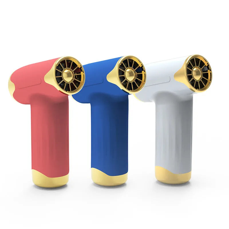 Blue portable handheld turbofan with brushless motor showing compact design