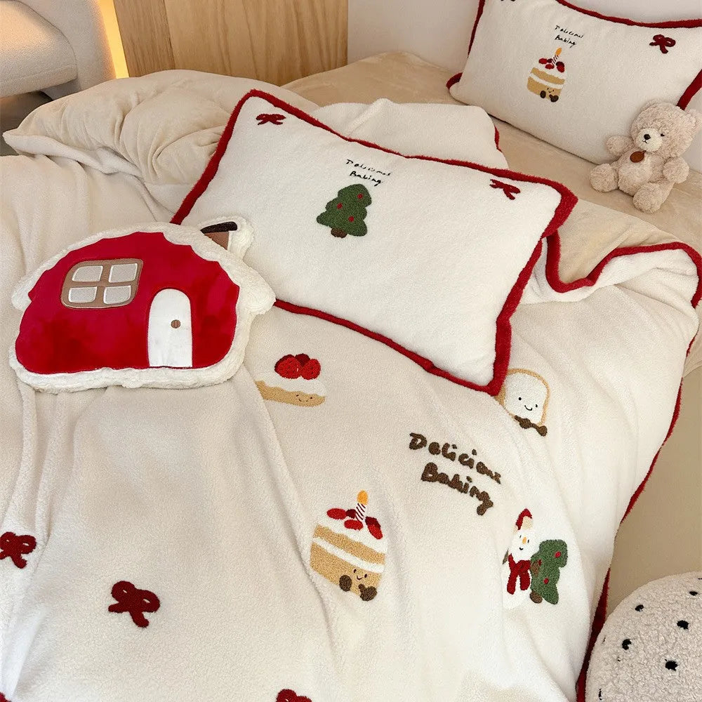Winter Christmas cartoon bedding four-piece set with Xuefu Milk Pastry pattern in polyester