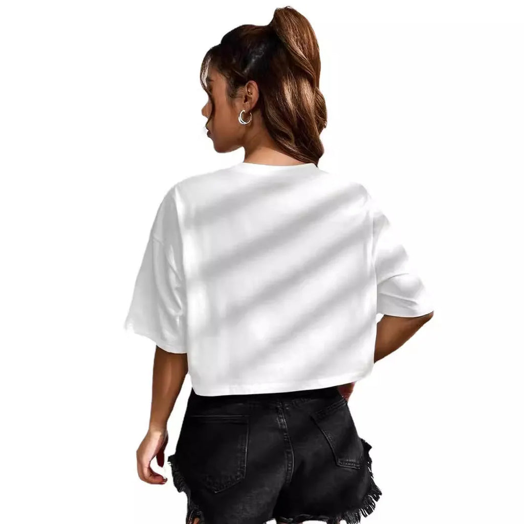 Cotton t-shirt with English letter printing, loose fit, short sleeves, exposed navel design