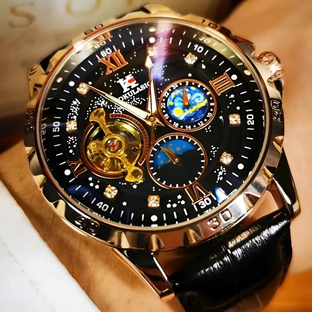 Men's automatic mechanical watch with hollow dial, rose gold case, black face, and leather strap