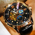 Men's automatic mechanical watch with hollow dial, rose gold case, black face, and leather strap