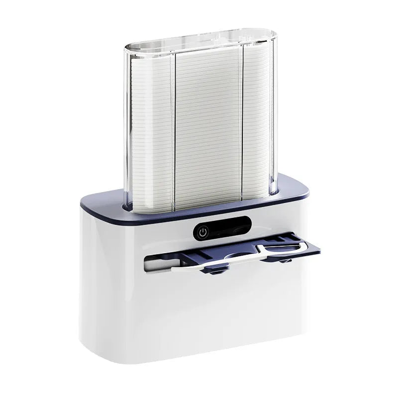 Intelligent induction dental floss box in dark grey, light grey, and gold colours showing automatic pop-up mechanism.