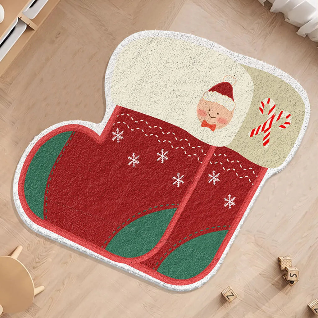 Round red and green Christmas floor mat with gingerbread man and stocking design on imitation cashmere material