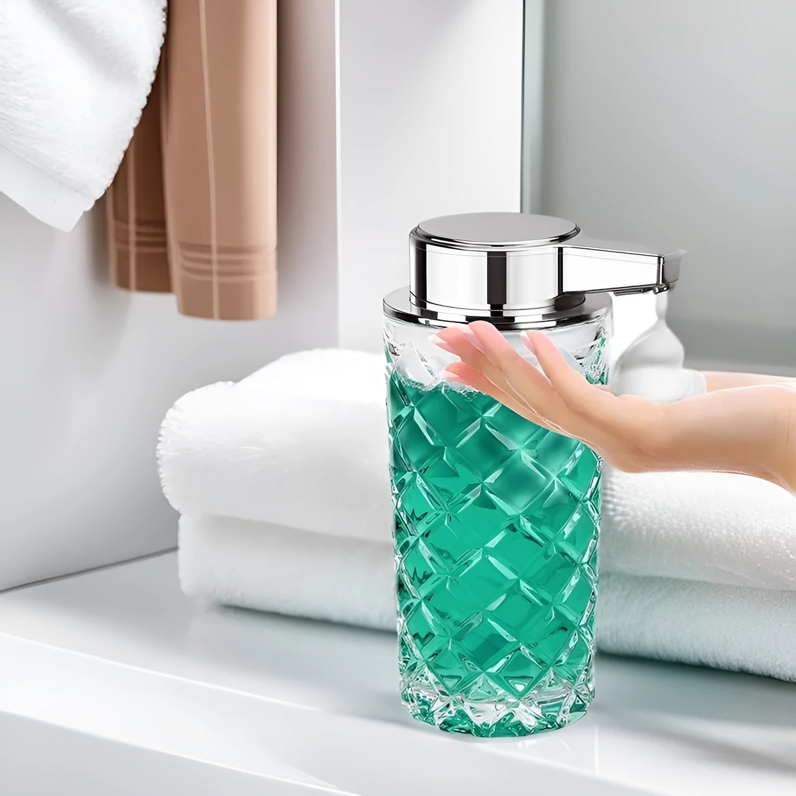 Automatic soap dispenser with silver finish and Type-C charging port