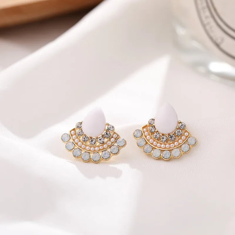 Women's retro geometric fan-shaped silver earrings with rhinestone and opal accents