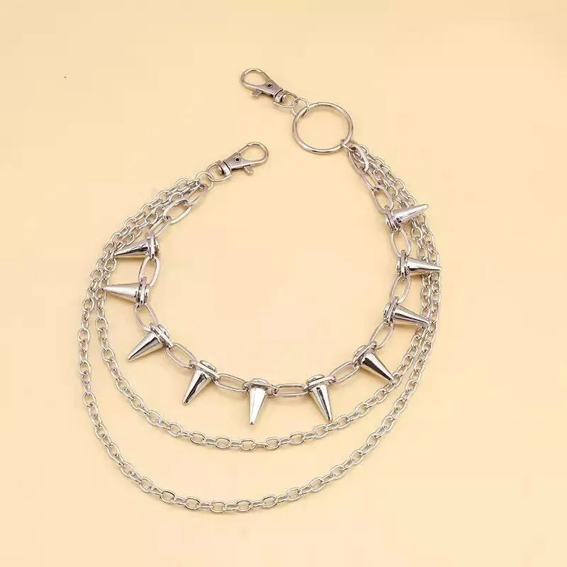 Silver punk fashion pants chain with double-layer rivet design measuring 115cm length