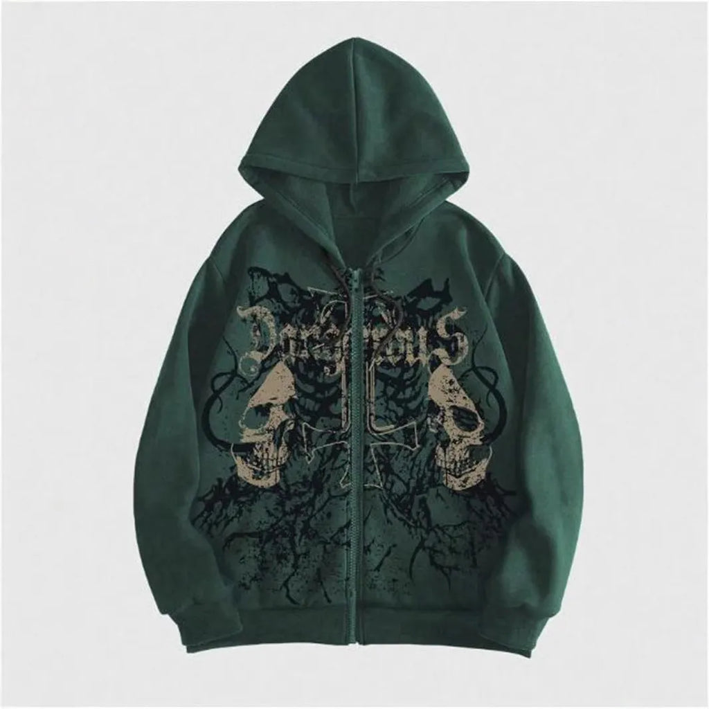 Black Harajuku hooded sweatshirt with skull pattern hot stamp printing on cotton blend fabric
