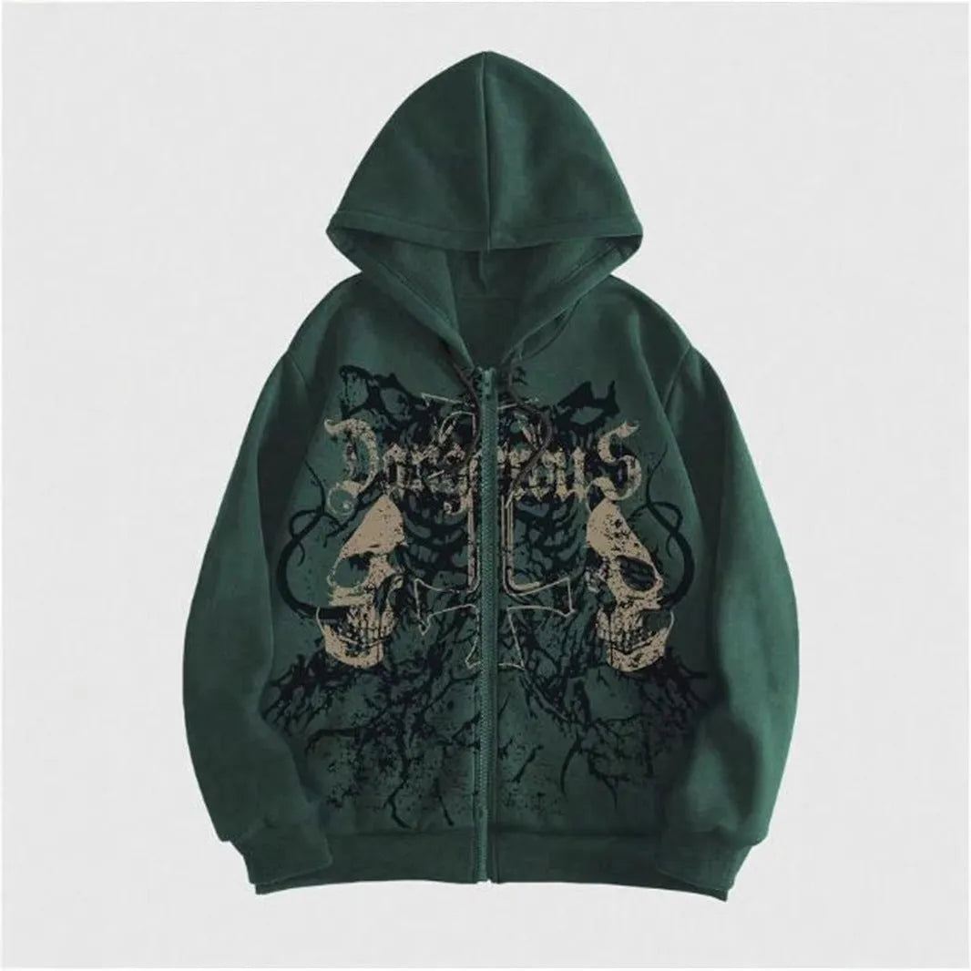 Black Harajuku hooded sweatshirt with skull pattern hot stamp printing on cotton blend fabric