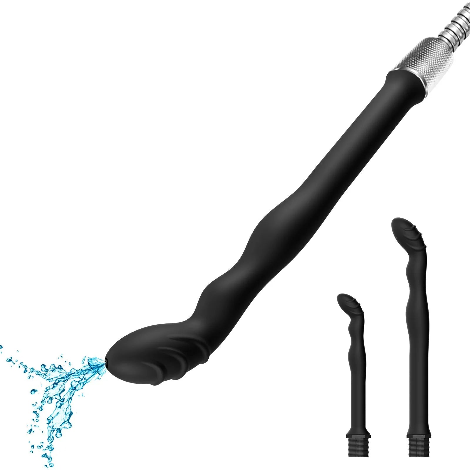 Black silicone sausage filler drain flusher for unblocking sinks, shown in large and small size options.