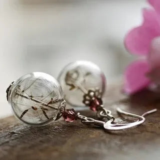 Transparent 16mm glass ball earrings with dandelion seed design and French hooks