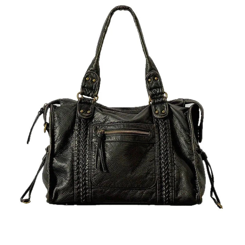Women's French retro motorcycle shoulder messenger bag in horizontal square design with single strap