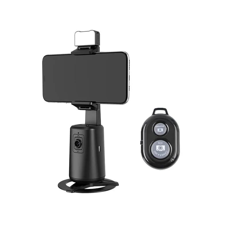 Black desktop phone bracket with face tracking, rotating camera head, and ribbon lighting for mobile phones