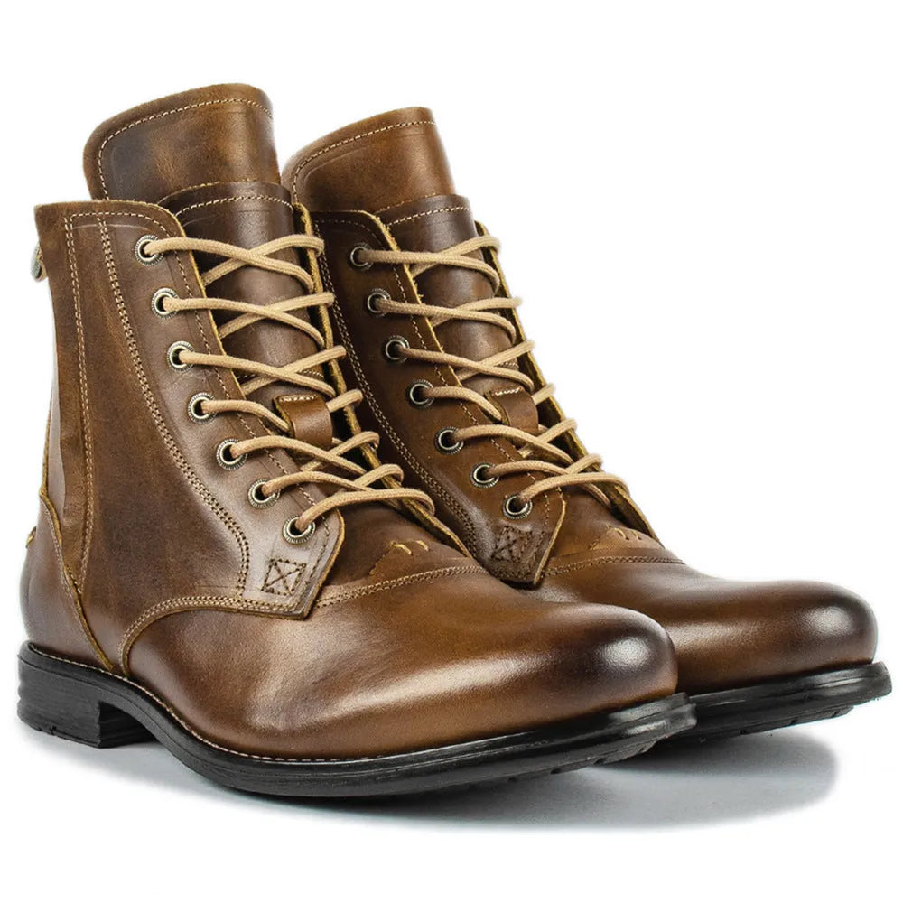 Knight Series men's black and brown two-tone leather ankle boots with side zipper.