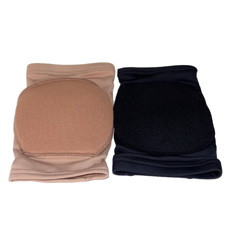 A pair of ballet dance knee pads in skin colour, shown with size chart for knee circumference.