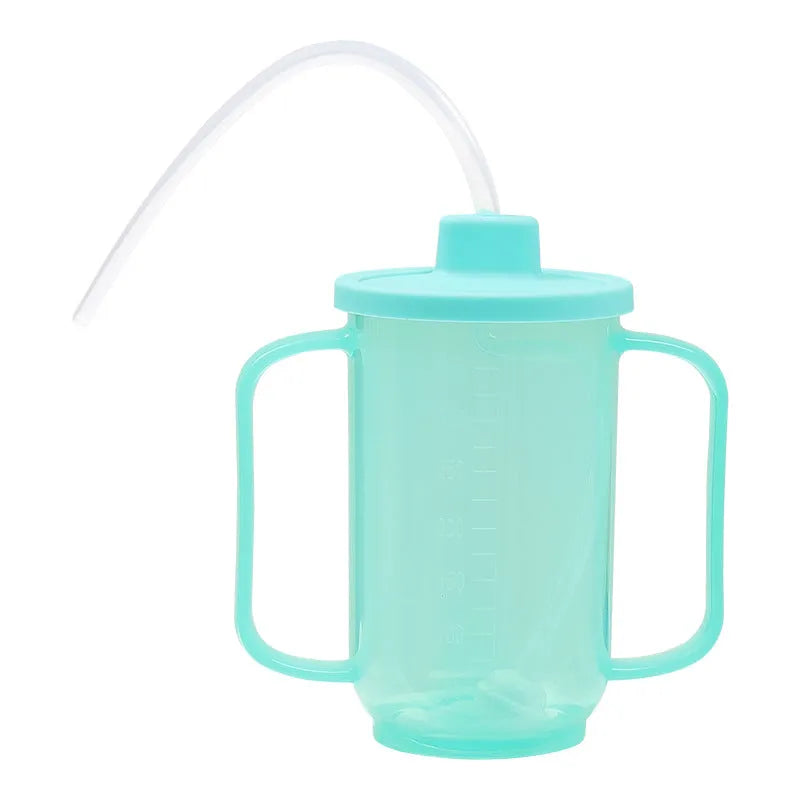 Angled spout choke-proof drinking cup with handle and lid for bed-bound users