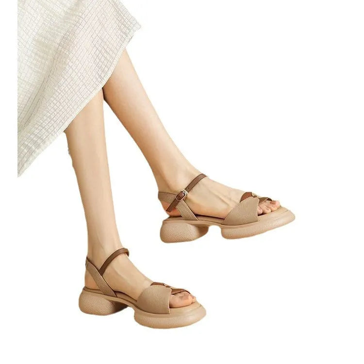 Women's chunky heel platform sandals with open toe design in renewable leather