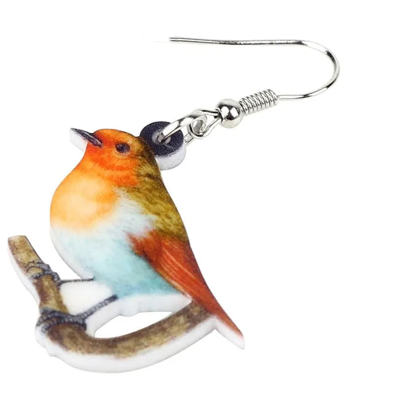 Blue titmouse bird acrylic pendant earrings with geometric animal zodiac design