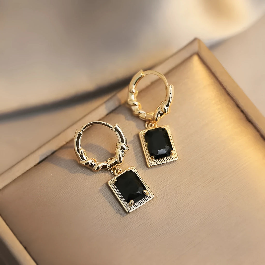 French court retro black zircon earrings with geometric quadrilateral copper construction
