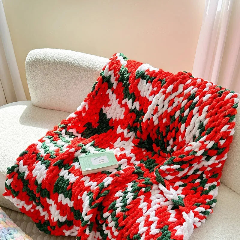 Handmade thick ice bar section dyed striped chenille blanket 130x170cm in winter colours