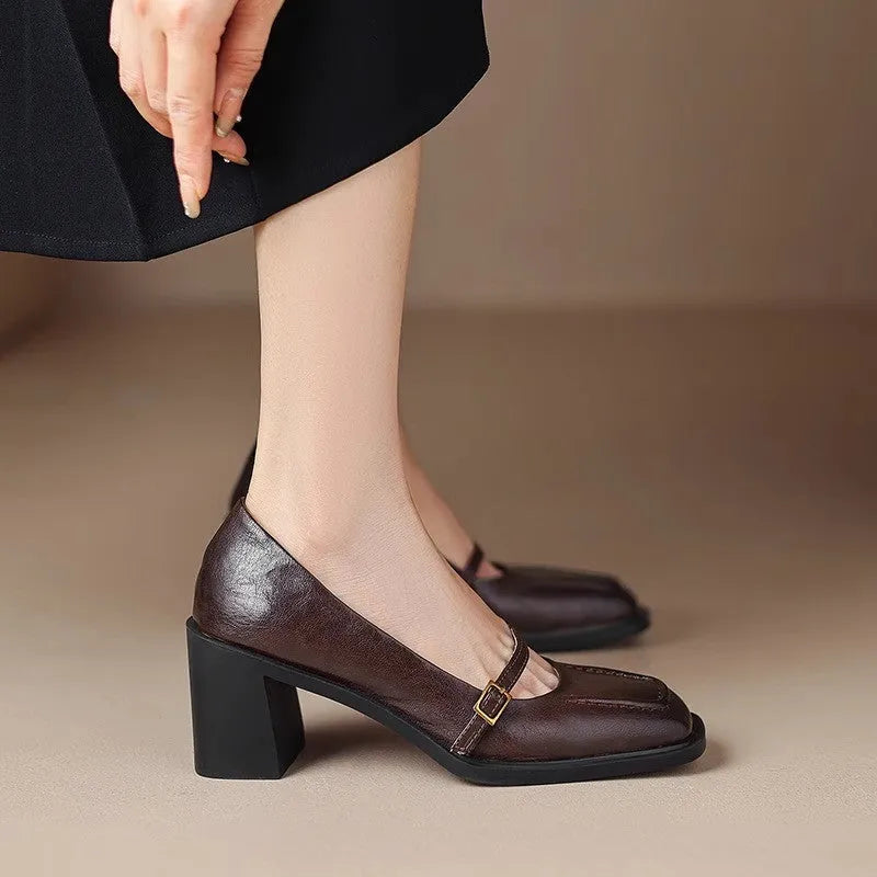 Women's retro square toe high heel pumps in black or dark brown with buckle fastening, sizes 35 to 40