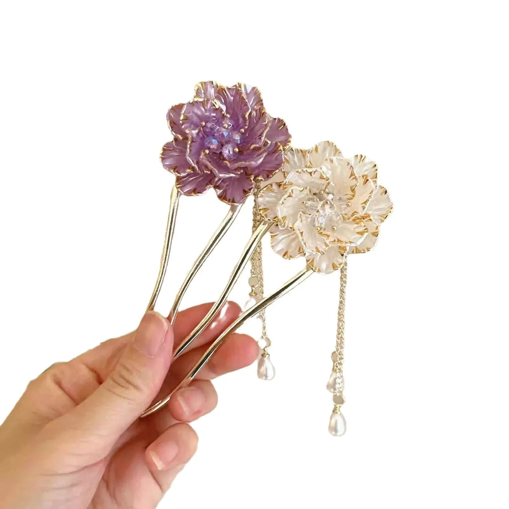 Purple and white retro peony flower with tassel detail on a U-shaped alloy hairpin barrette