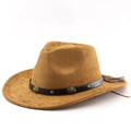 Brown leather velvet western cowboy hat with a curved brim and conical crown on a neutral background.