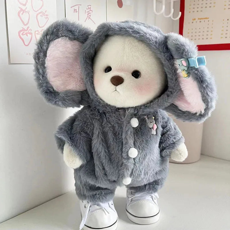 Grey elephant print plush jumpsuit for a 30cm teddy bear