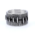Dark punk titanium steel ring with geometric U-shape and stitched double ring design