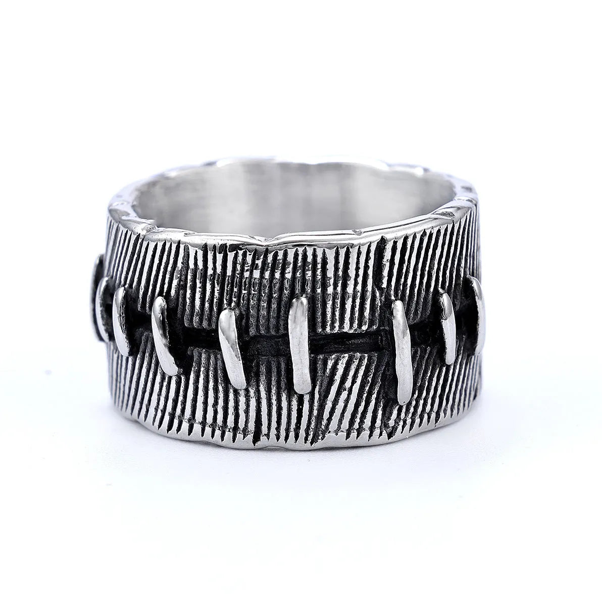 Dark punk titanium steel ring with geometric U-shape and stitched double ring design