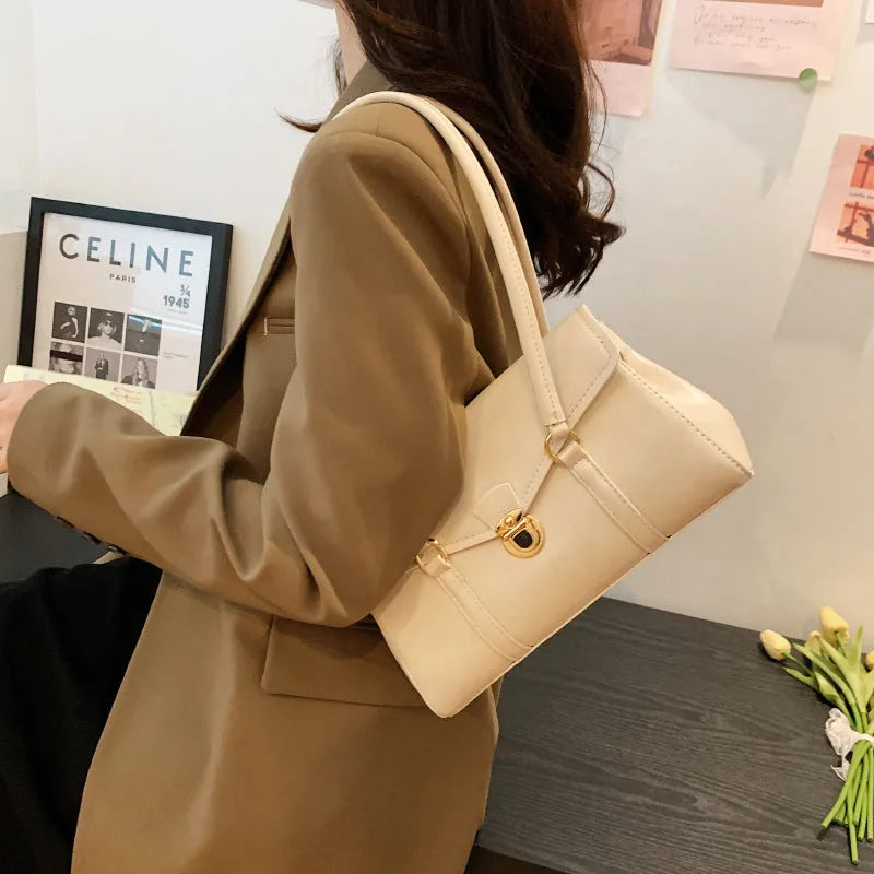 Retro PU underarm document tote bag for women in brown with sewing thread accent