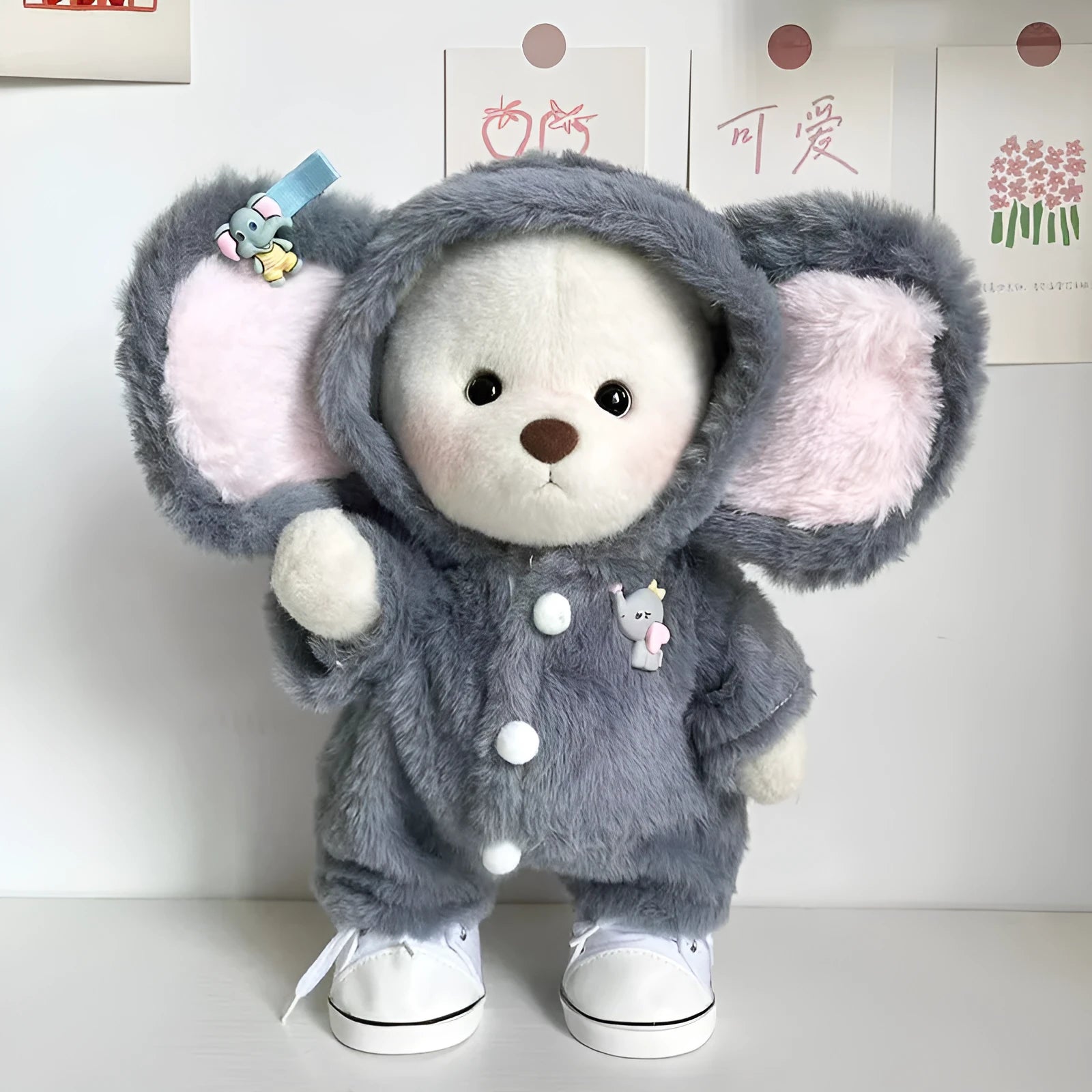 Grey elephant print plush jumpsuit for a 30cm teddy bear
