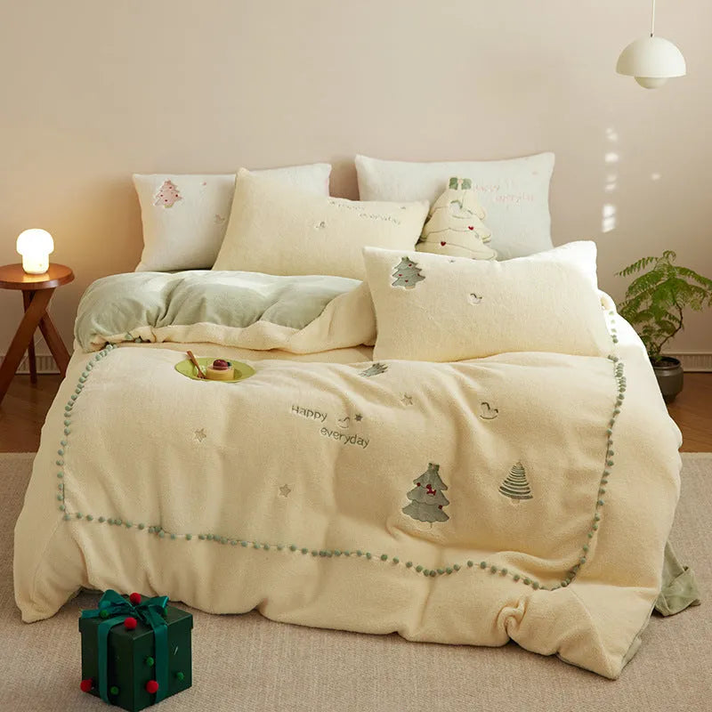 Winter milk fibre bedding set with Christmas tree pattern showing duvet cover, sheet, and pillowcases
