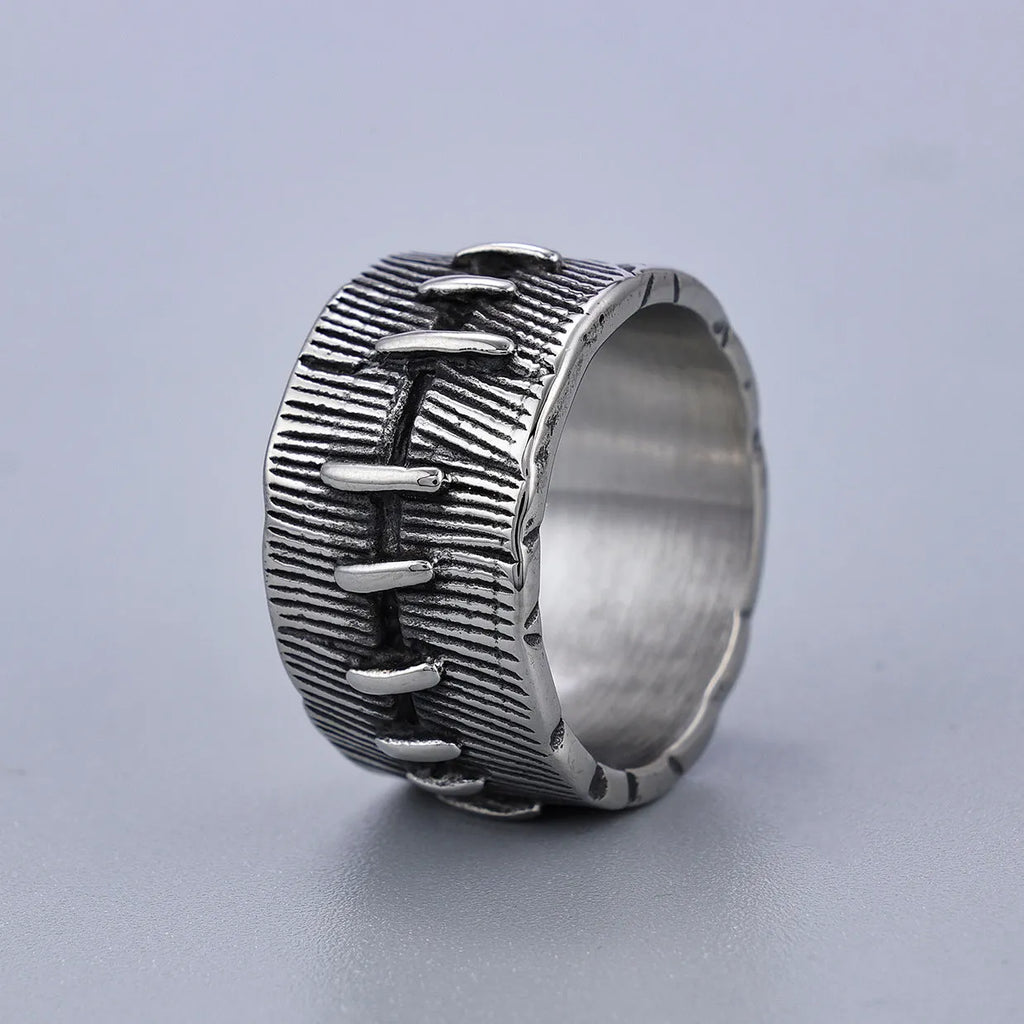 Dark punk titanium steel ring with geometric U-shape and stitched double ring design