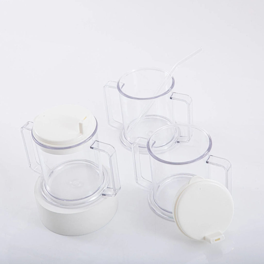 Clear transparent plastic spill-proof drinking cup with modern design.